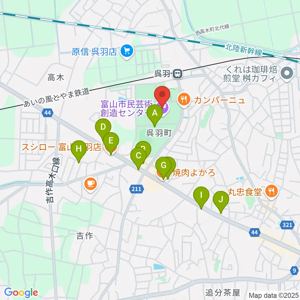 富山市民芸術創造センター周辺のファミレス・ファーストフード一覧地図