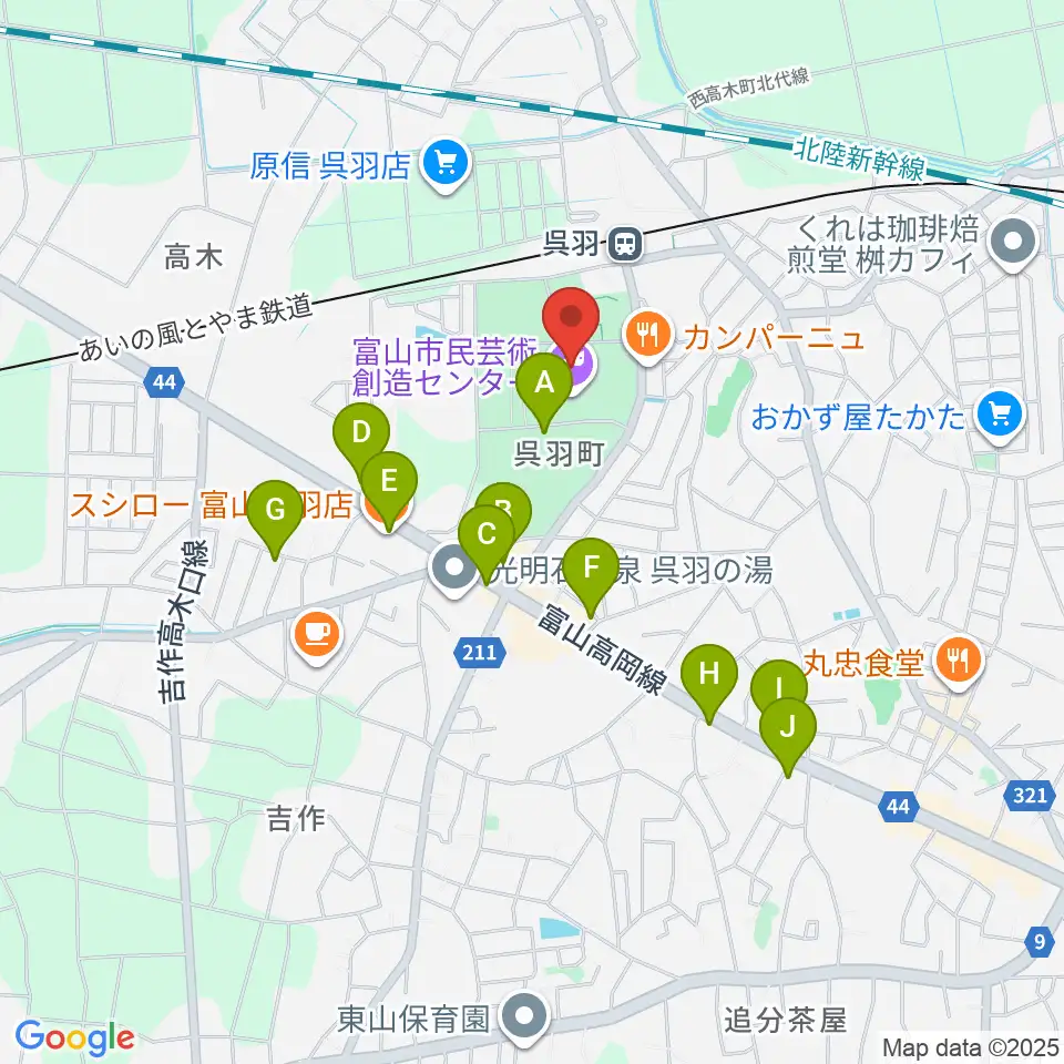 富山市民芸術創造センター周辺のファミレス・ファーストフード一覧地図