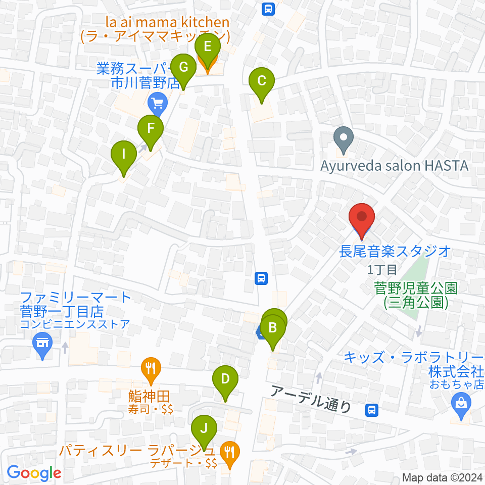 長尾音楽スタジオ周辺のファミレス・ファーストフード一覧地図