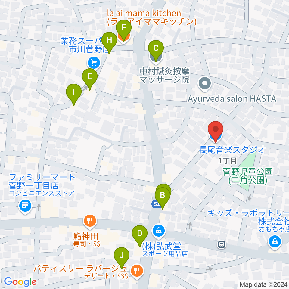 長尾音楽スタジオ周辺のファミレス・ファーストフード一覧地図