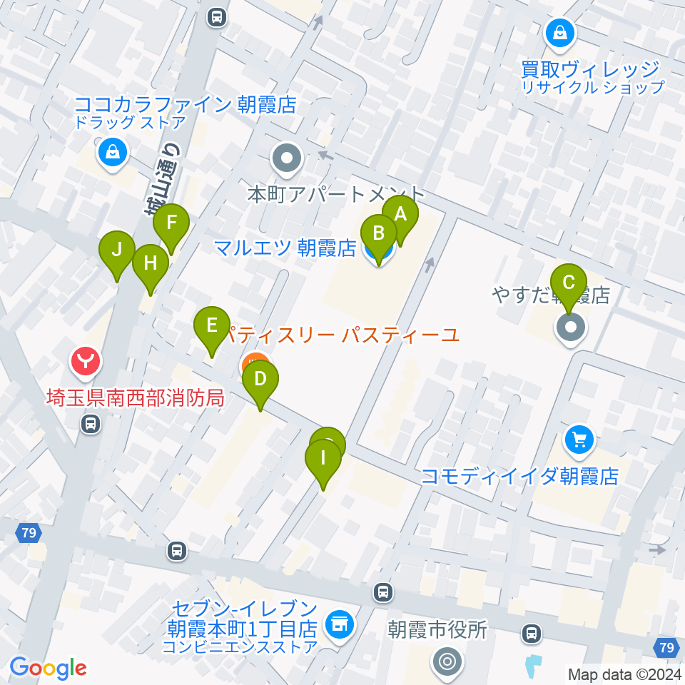 柏屋楽器 朝霞ミュージックセンター周辺のファミレス・ファーストフード一覧地図