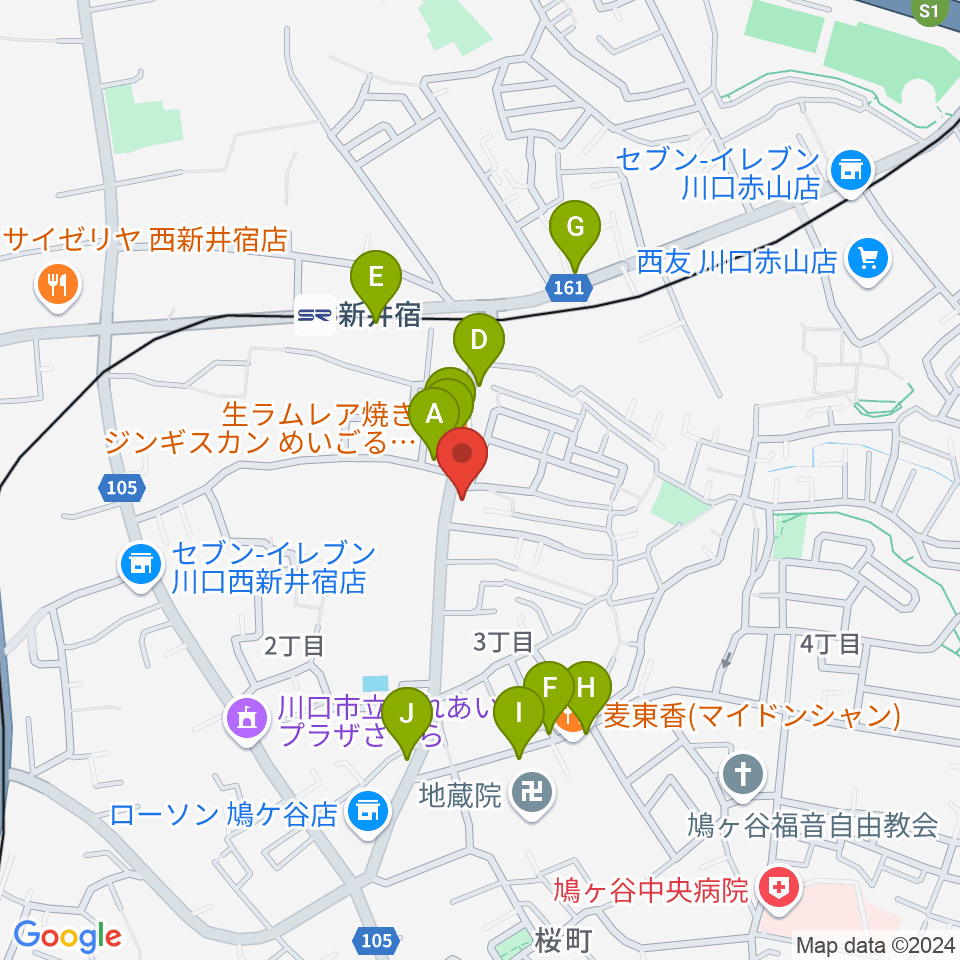 柏屋楽器 鳩ヶ谷ミュージックセンター周辺のファミレス・ファーストフード一覧地図