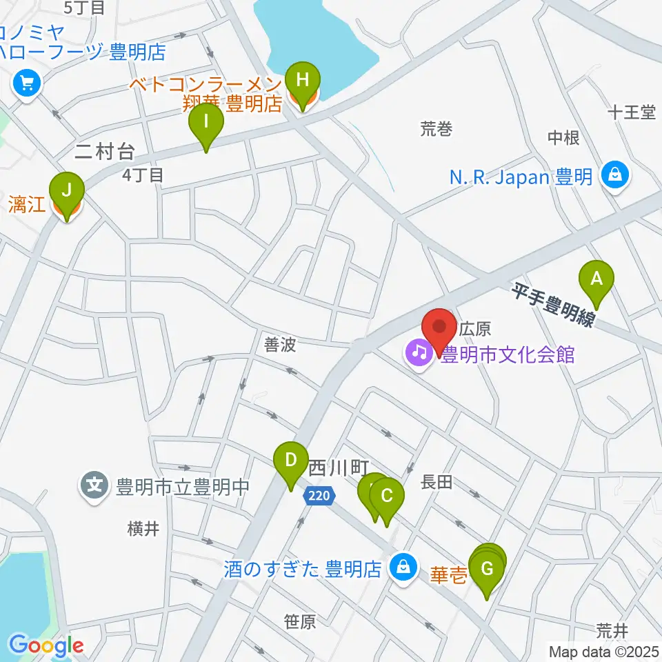 豊明市文化会館周辺のファミレス・ファーストフード一覧地図