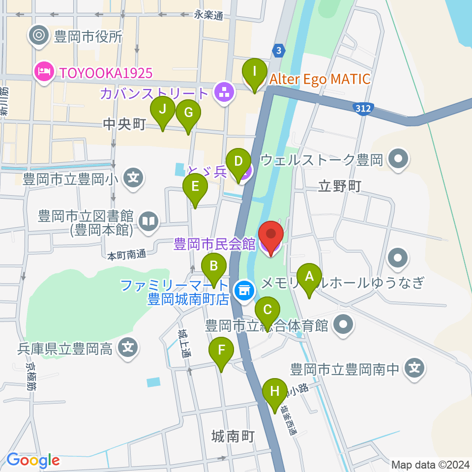 豊岡市民会館周辺のファミレス・ファーストフード一覧地図