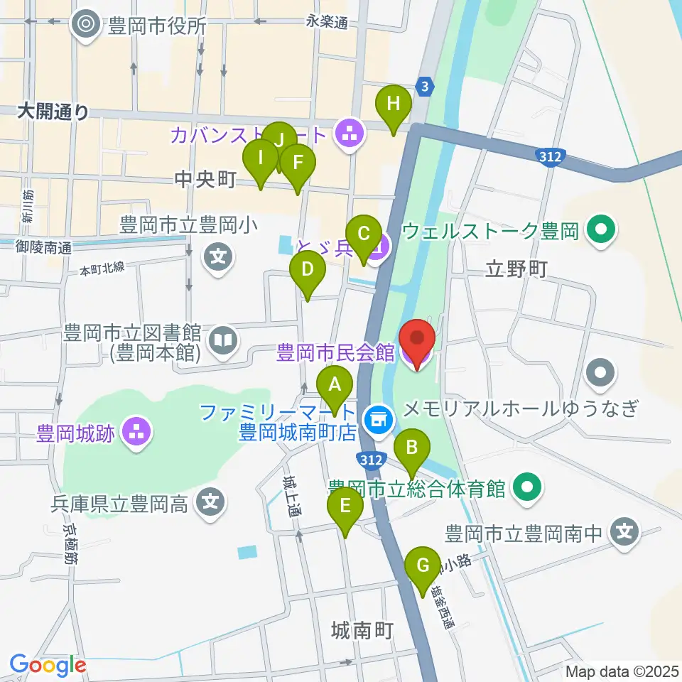 豊岡市民会館周辺のファミレス・ファーストフード一覧地図