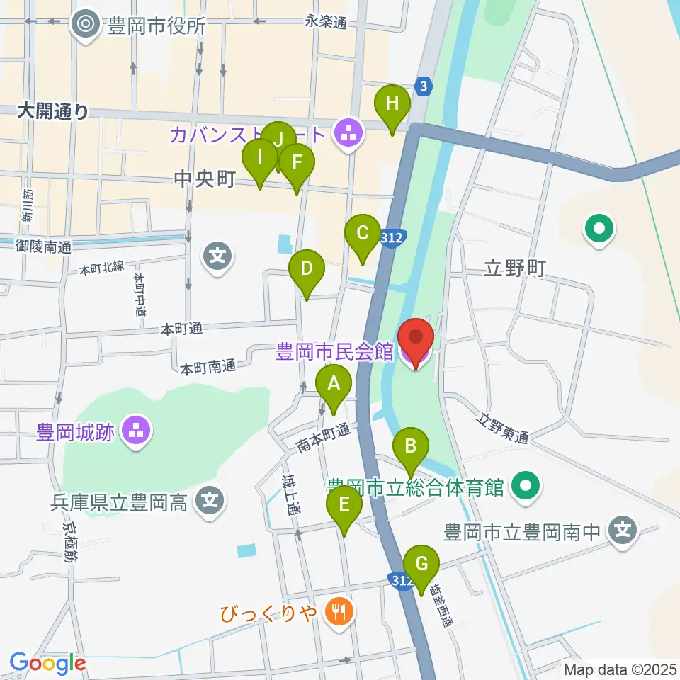豊岡市民会館周辺のファミレス・ファーストフード一覧地図