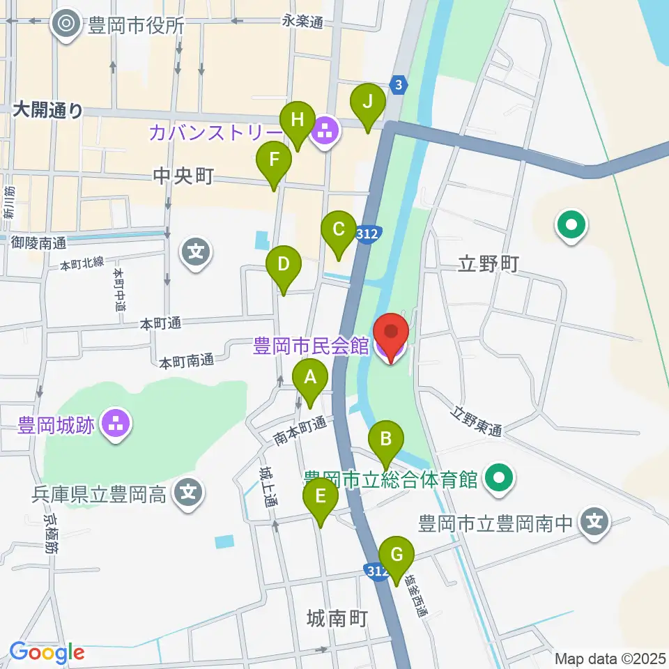 豊岡市民会館周辺のファミレス・ファーストフード一覧地図