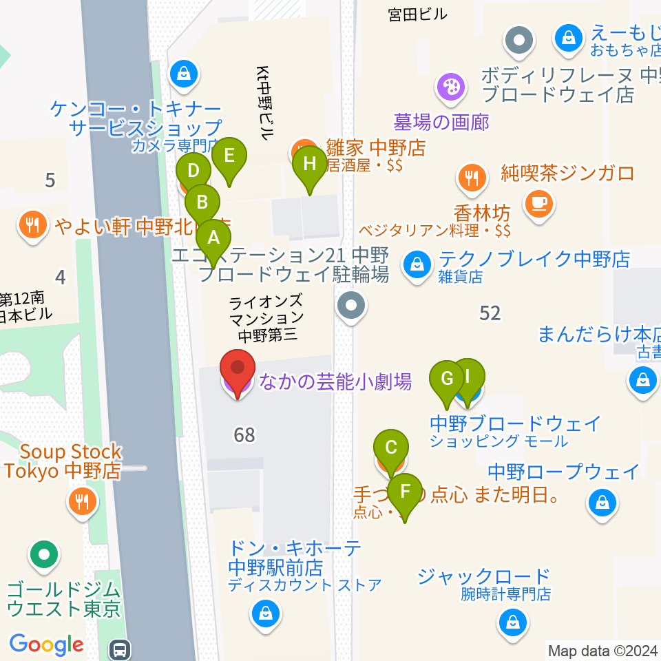 なかの芸能小劇場周辺のファミレス・ファーストフード一覧地図