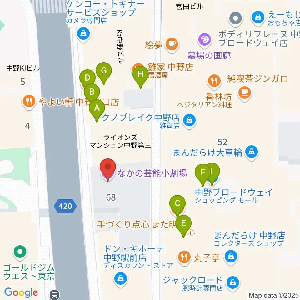 なかの芸能小劇場周辺のファミレス・ファーストフード一覧地図