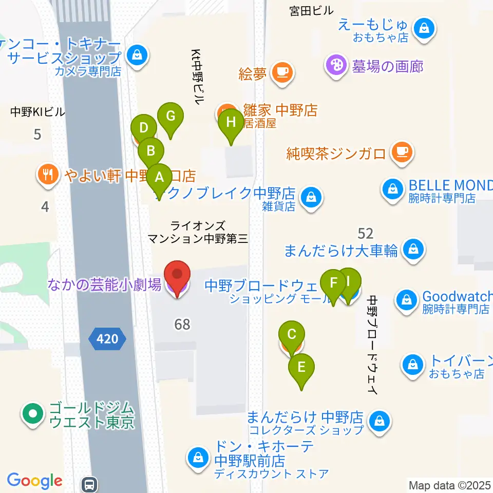 なかの芸能小劇場周辺のファミレス・ファーストフード一覧地図