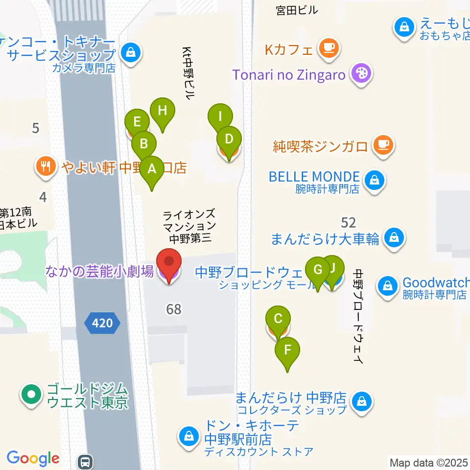 なかの芸能小劇場周辺のファミレス・ファーストフード一覧地図