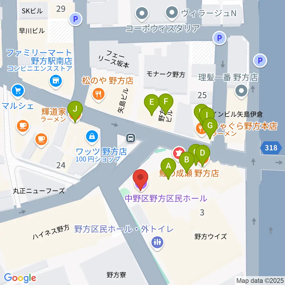 野方区民ホール周辺のファミレス・ファーストフード一覧地図