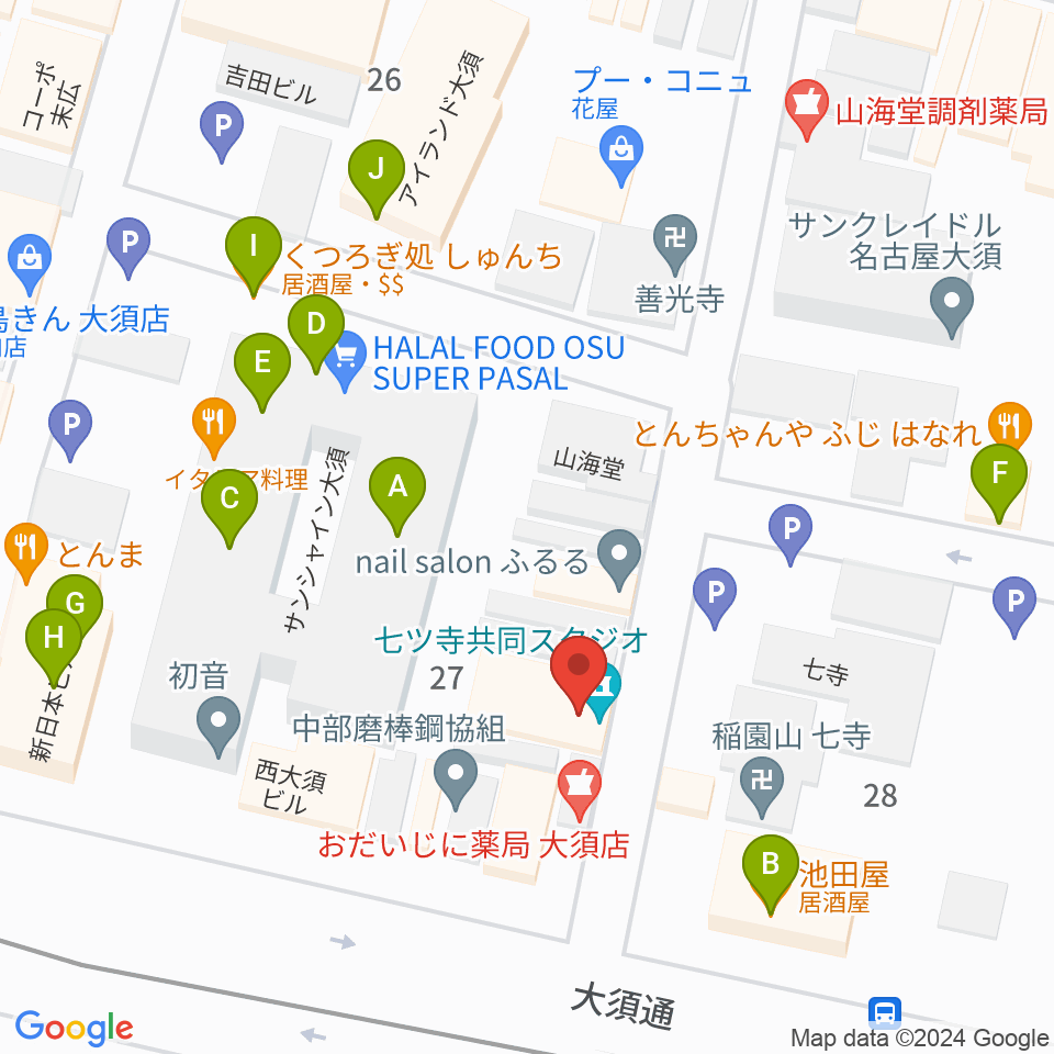 七ツ寺共同スタジオ周辺のファミレス・ファーストフード一覧地図