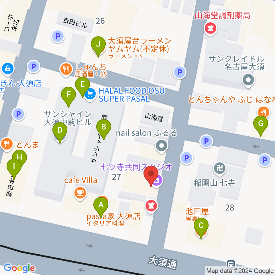 七ツ寺共同スタジオ周辺のファミレス・ファーストフード一覧地図