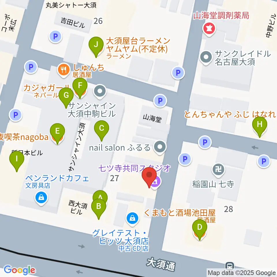 七ツ寺共同スタジオ周辺のファミレス・ファーストフード一覧地図