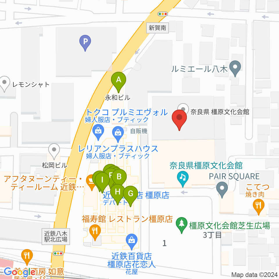 奈良県橿原文化会館周辺のファミレス・ファーストフード一覧地図