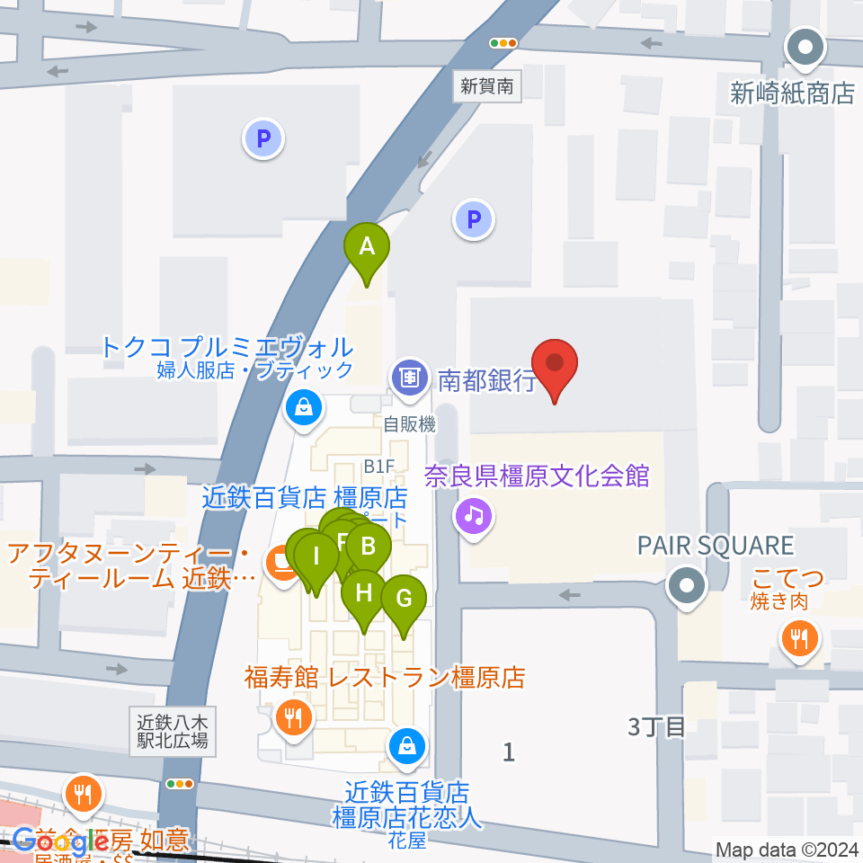 奈良県橿原文化会館周辺のファミレス・ファーストフード一覧地図