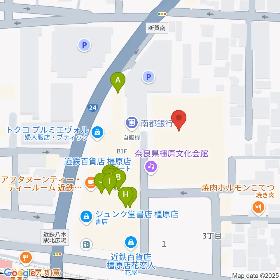 奈良県橿原文化会館周辺のファミレス・ファーストフード一覧地図