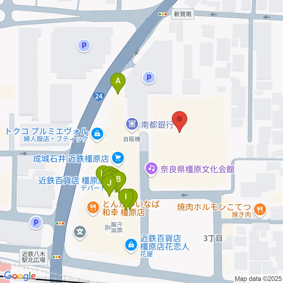 奈良県橿原文化会館周辺のファミレス・ファーストフード一覧地図