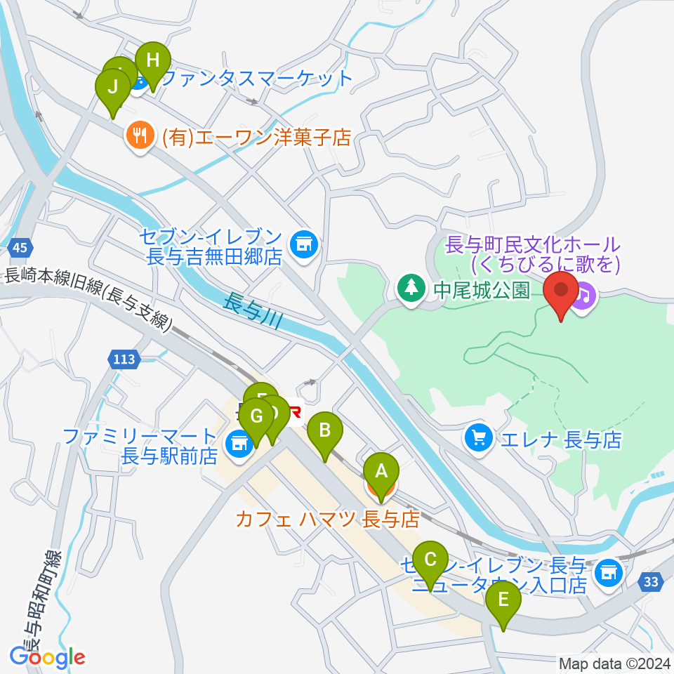 長与町民文化ホール周辺のファミレス・ファーストフード一覧地図