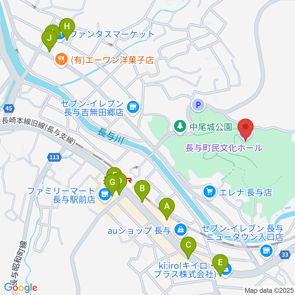 長与町民文化ホール周辺のファミレス・ファーストフード一覧地図