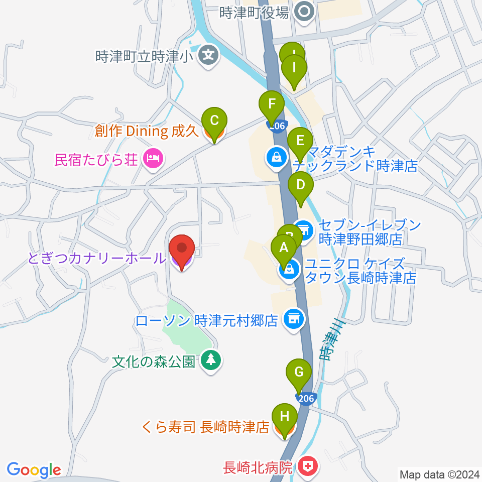 とぎつカナリーホール周辺のファミレス・ファーストフード一覧地図