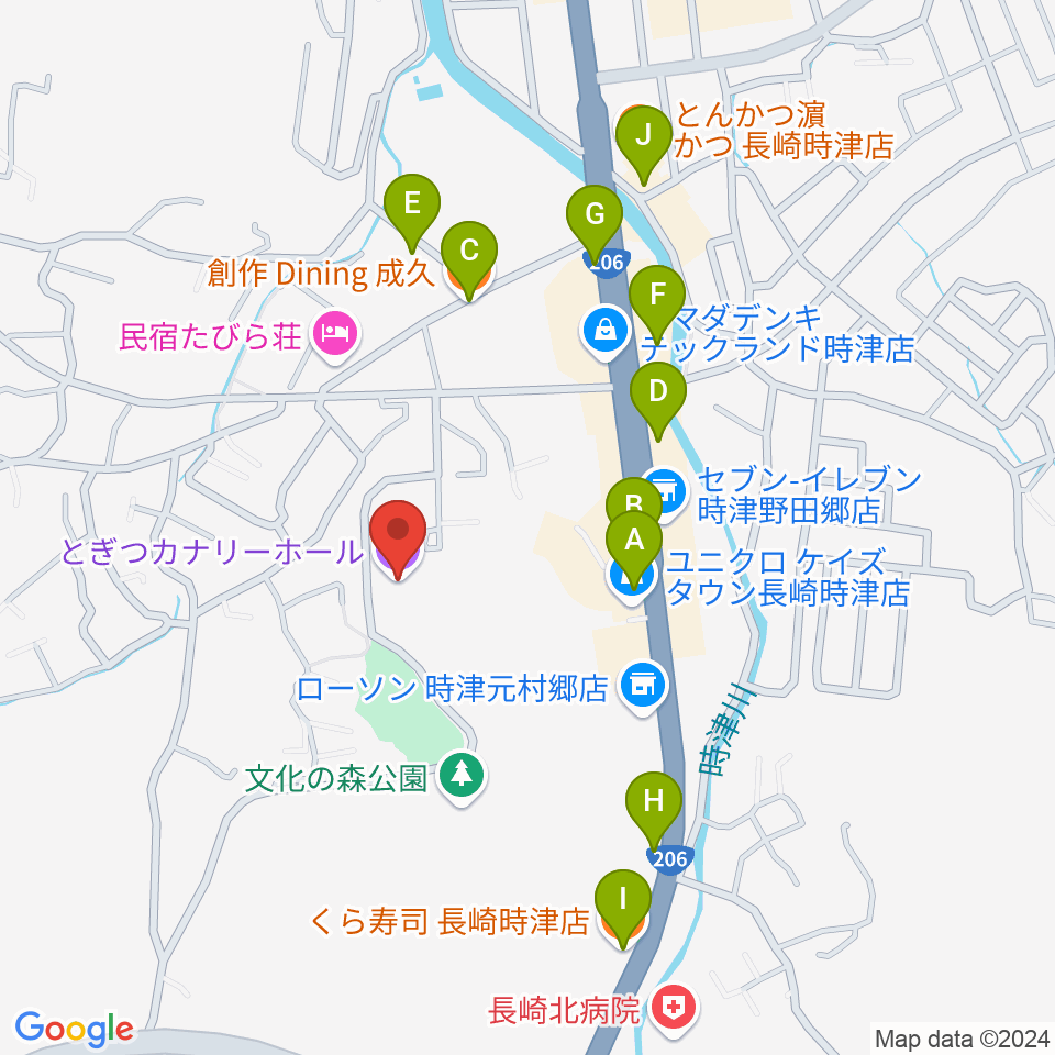 とぎつカナリーホール周辺のファミレス・ファーストフード一覧地図