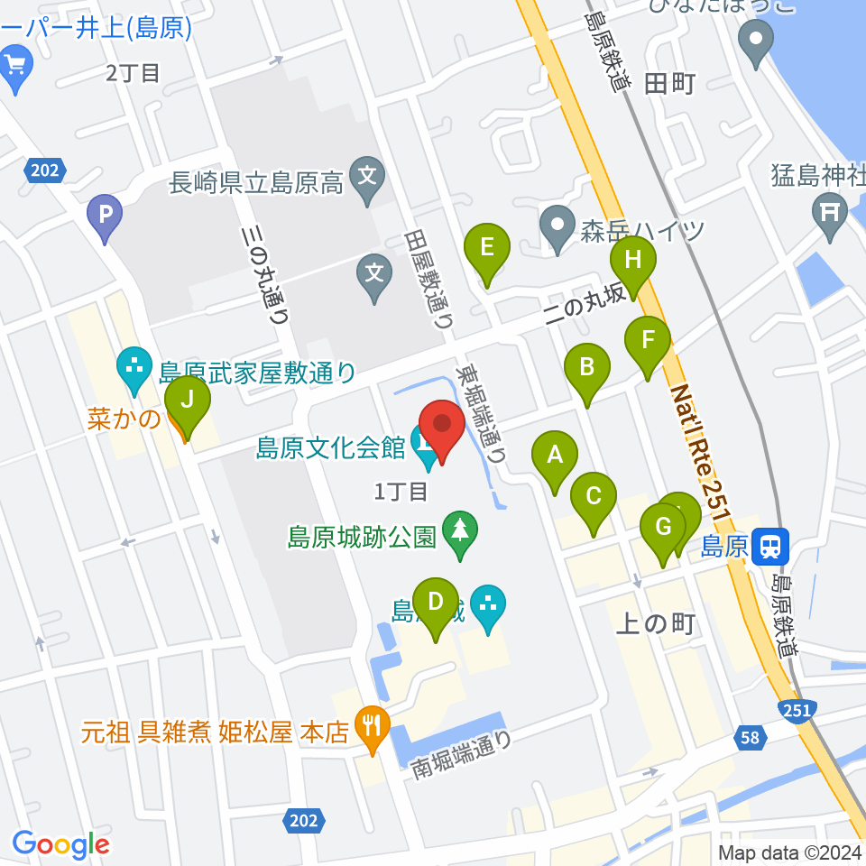 島原文化会館周辺のファミレス・ファーストフード一覧地図