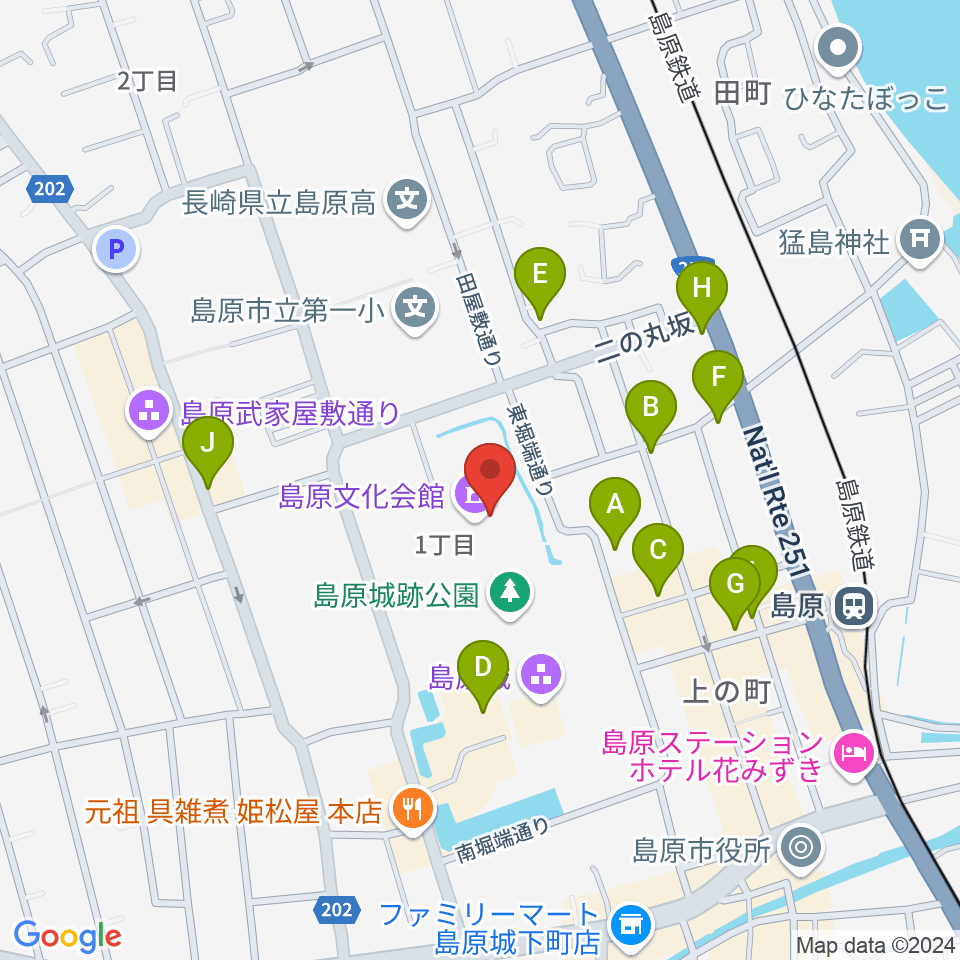 島原文化会館周辺のファミレス・ファーストフード一覧地図