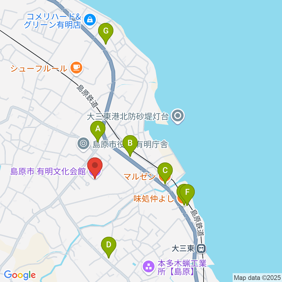 島原市有明文化会館 グリーンウェーブ周辺のファミレス・ファーストフード一覧地図