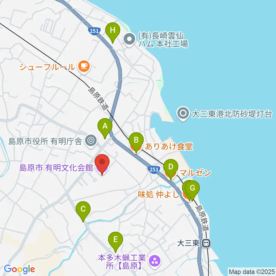 島原市有明文化会館 グリーンウェーブ周辺のファミレス・ファーストフード一覧地図