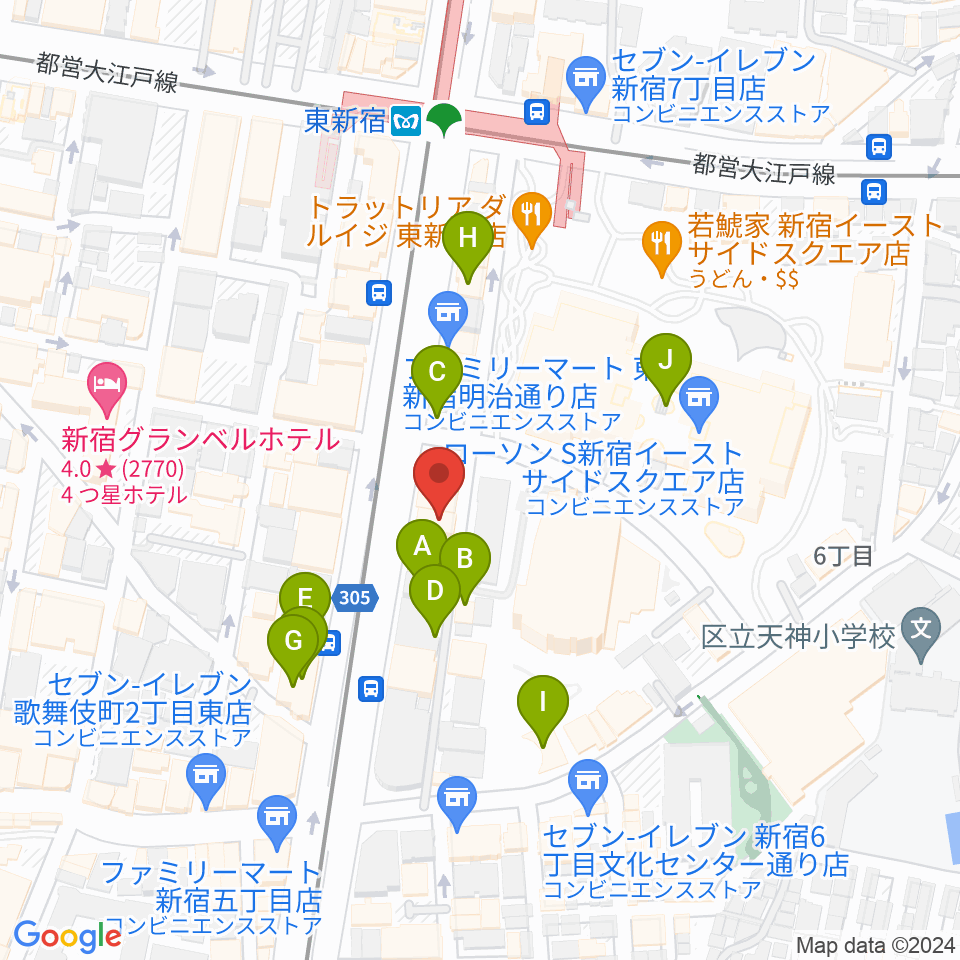 新宿レッドクロス周辺のファミレス・ファーストフード一覧地図