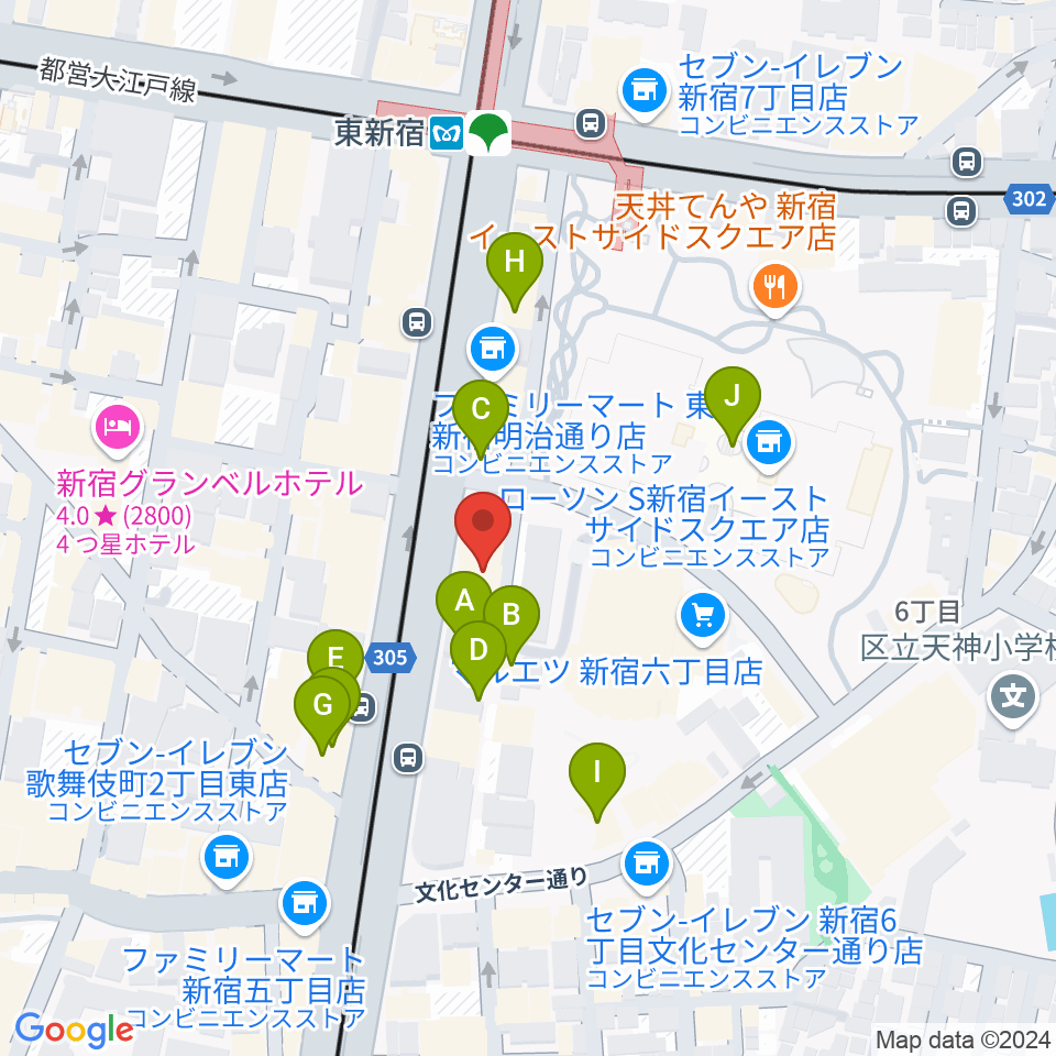 新宿レッドクロス周辺のファミレス・ファーストフード一覧地図