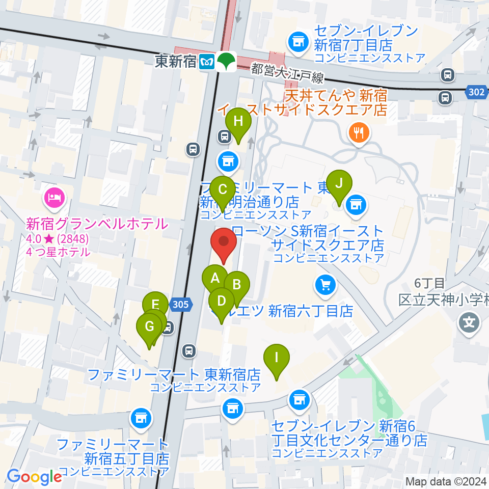 新宿レッドクロス周辺のファミレス・ファーストフード一覧地図