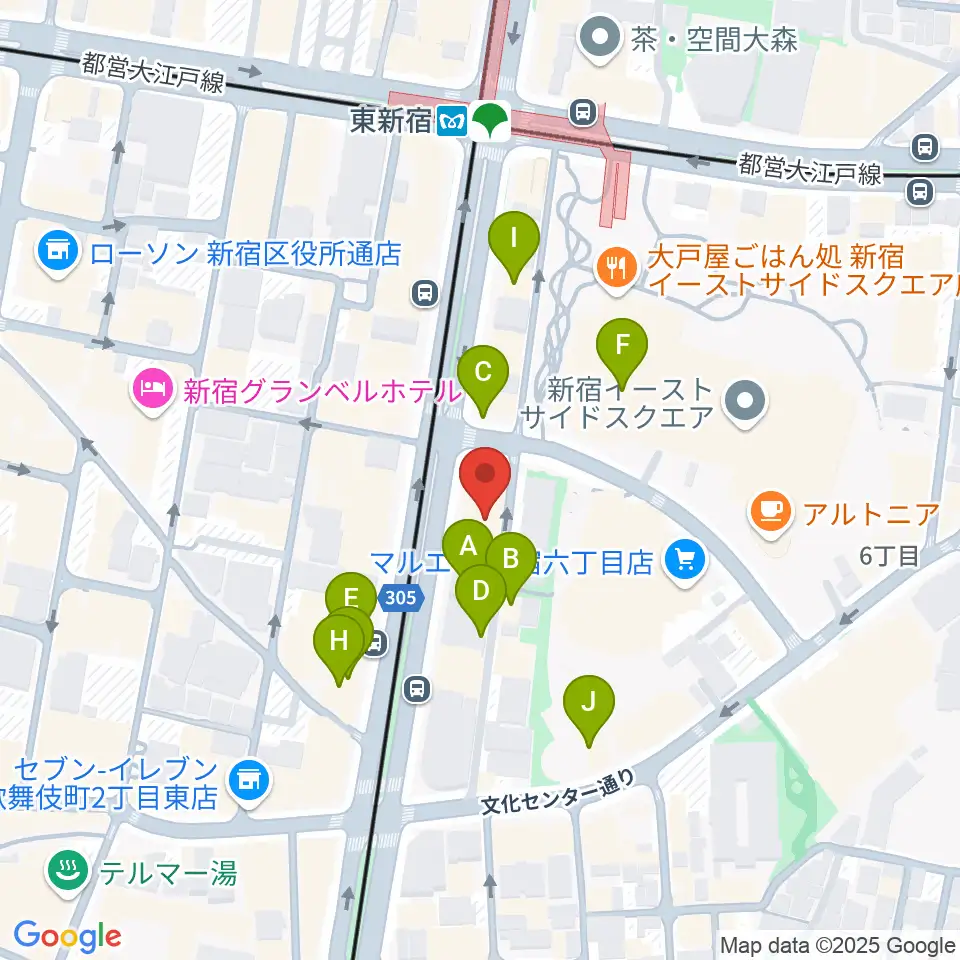 新宿レッドクロス周辺のファミレス・ファーストフード一覧地図