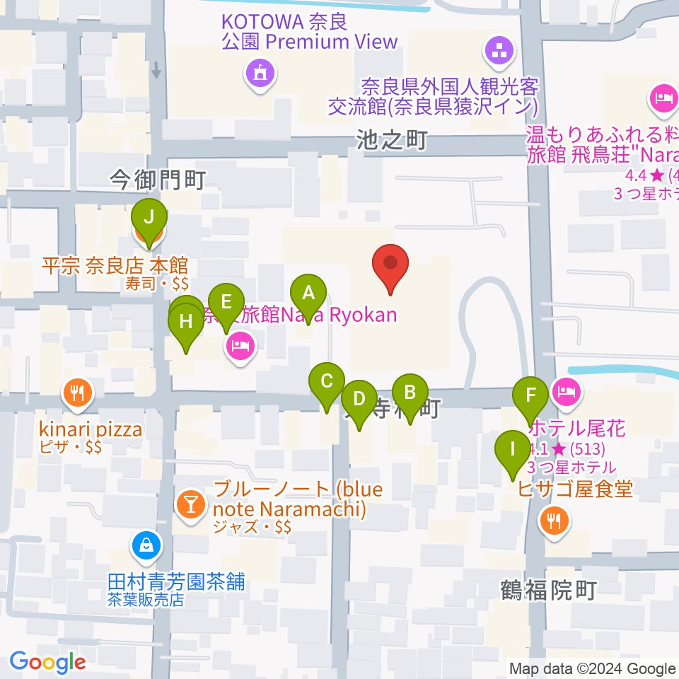 奈良市ならまちセンター周辺のファミレス・ファーストフード一覧地図