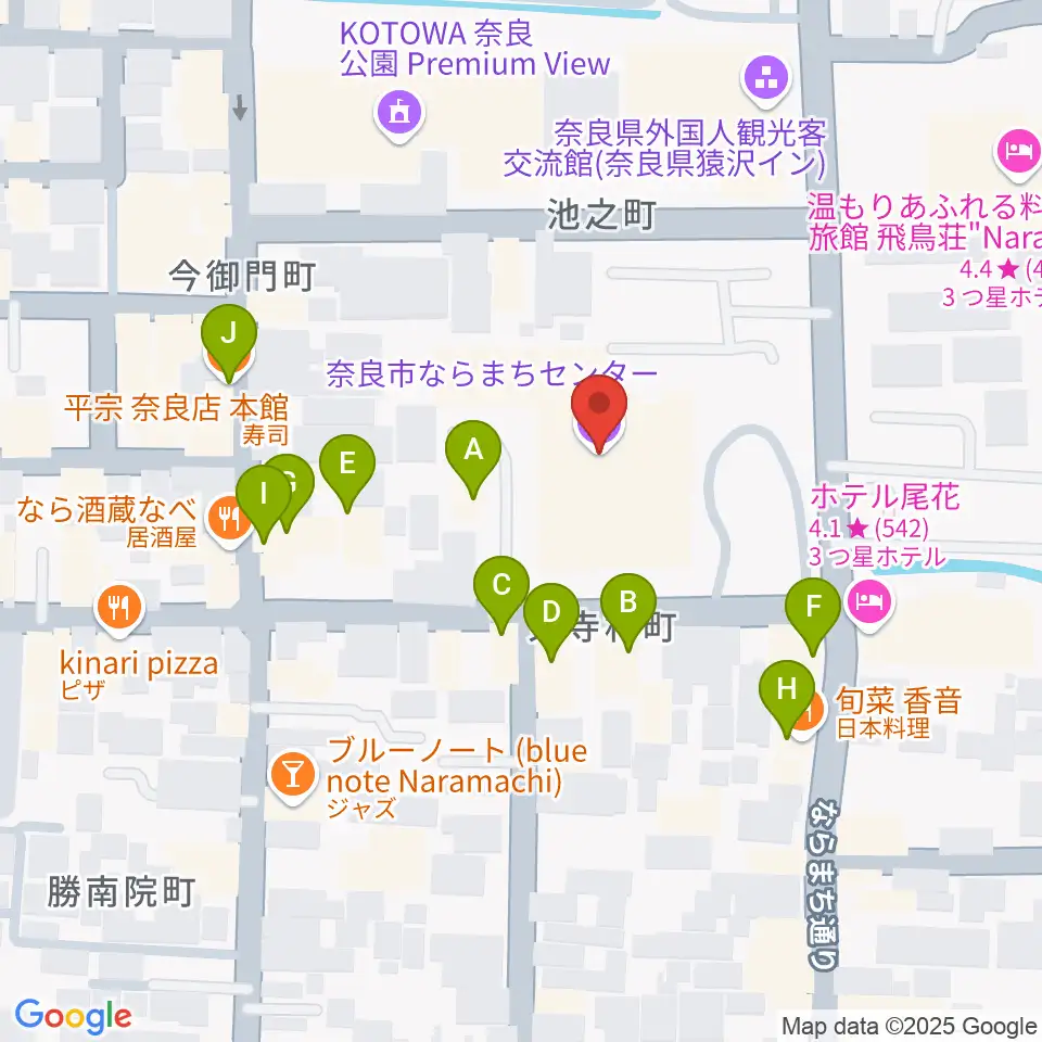奈良市ならまちセンター周辺のファミレス・ファーストフード一覧地図