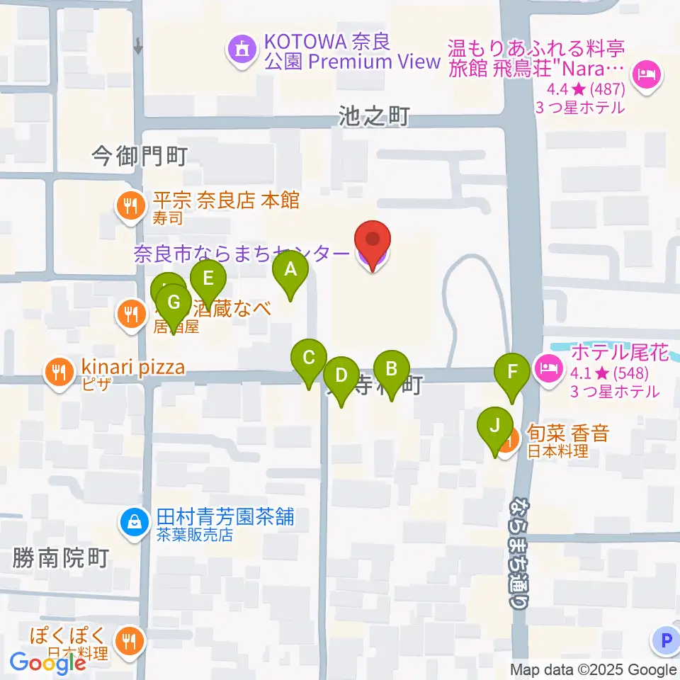 奈良市ならまちセンター周辺のファミレス・ファーストフード一覧地図