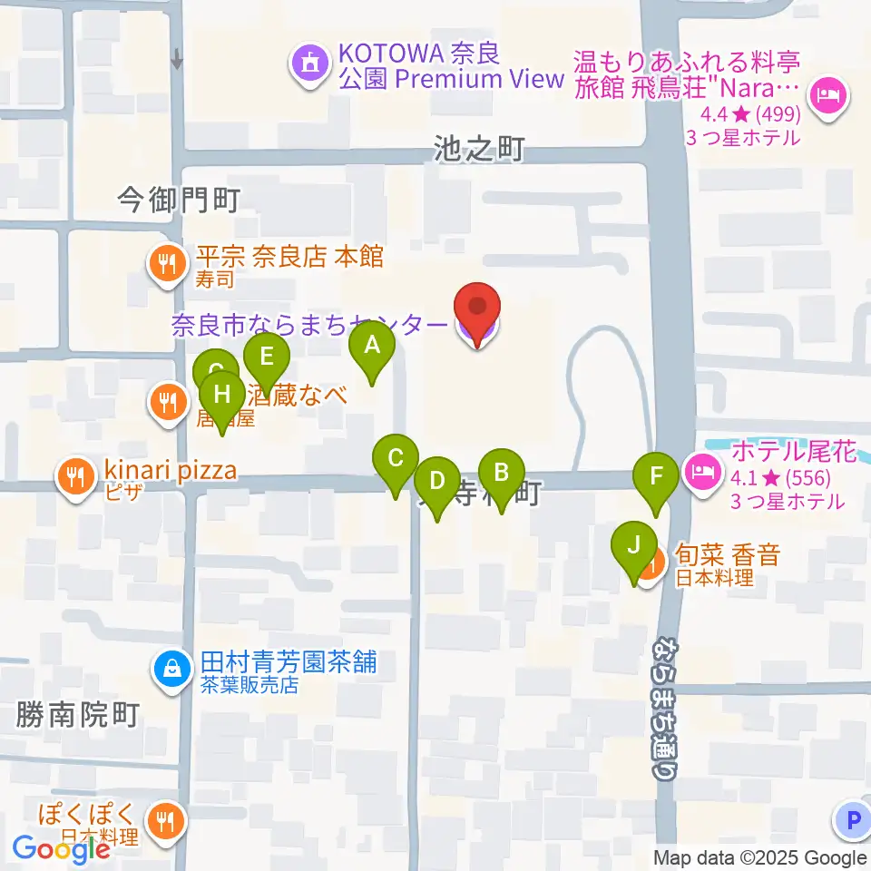 奈良市ならまちセンター周辺のファミレス・ファーストフード一覧地図