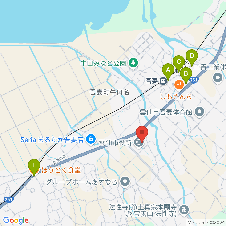 雲仙市吾妻町ふるさと会館周辺のファミレス・ファーストフード一覧地図