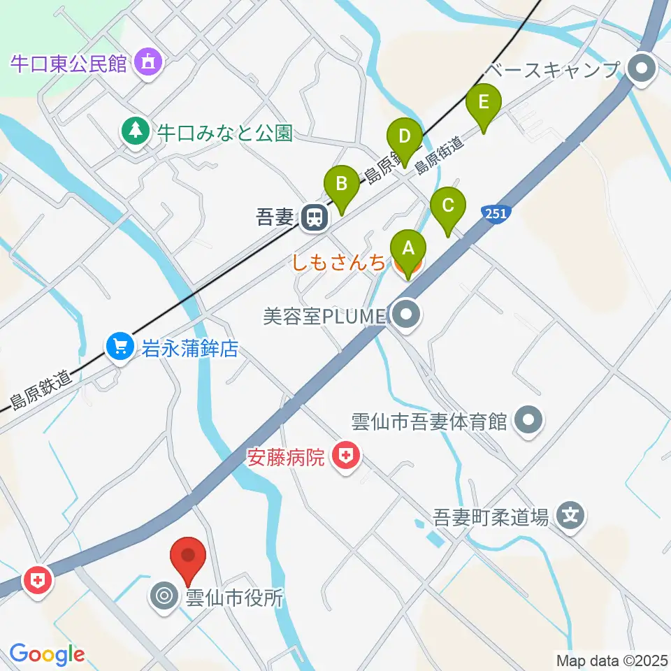 雲仙市吾妻町ふるさと会館周辺のファミレス・ファーストフード一覧地図
