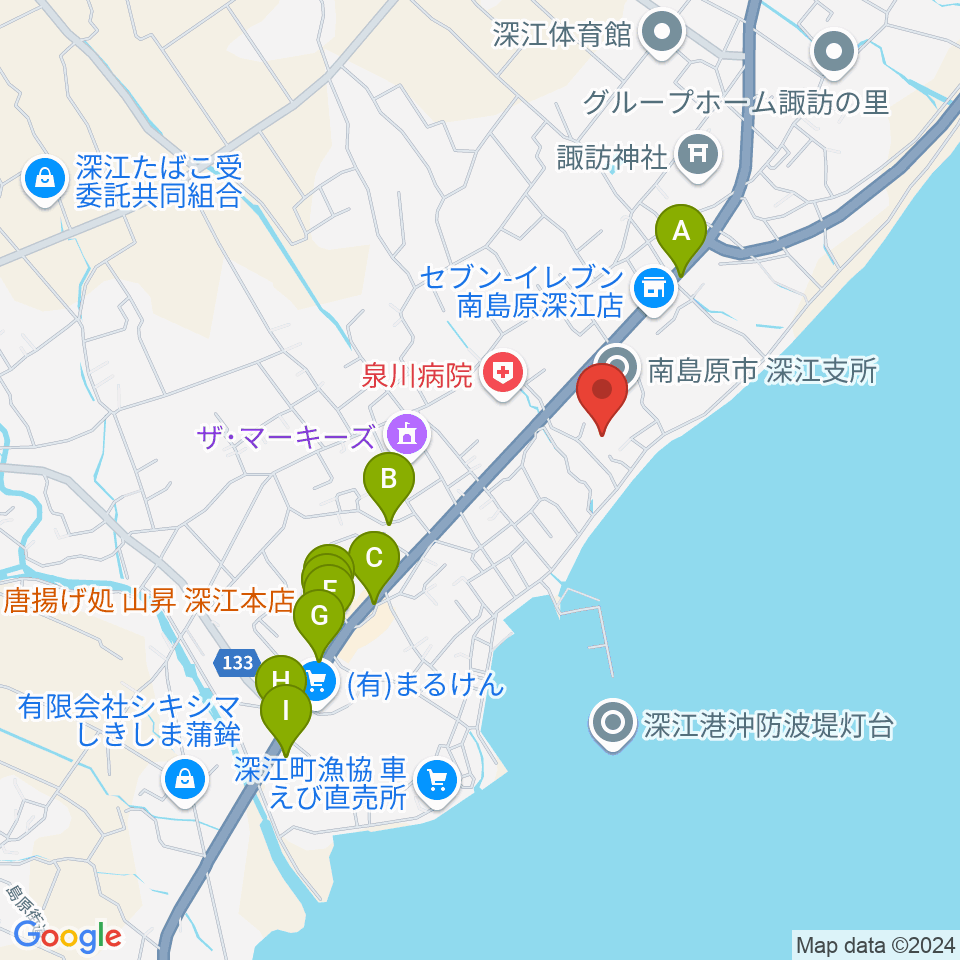 深江ふるさと伝承館周辺のファミレス・ファーストフード一覧地図