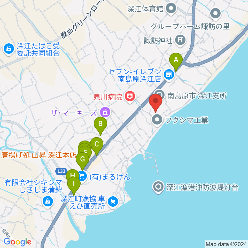 深江ふるさと伝承館周辺のファミレス・ファーストフード一覧地図