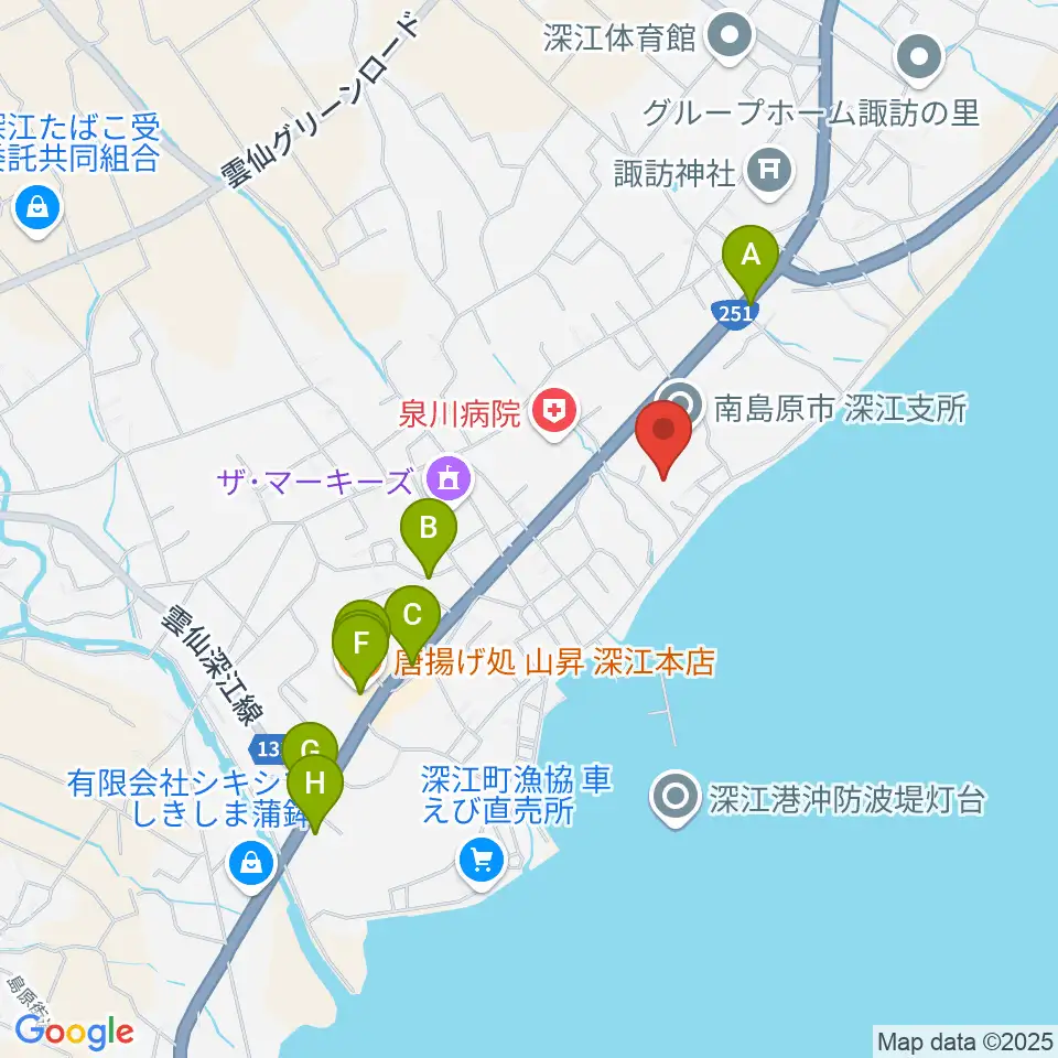 深江ふるさと伝承館周辺のファミレス・ファーストフード一覧地図