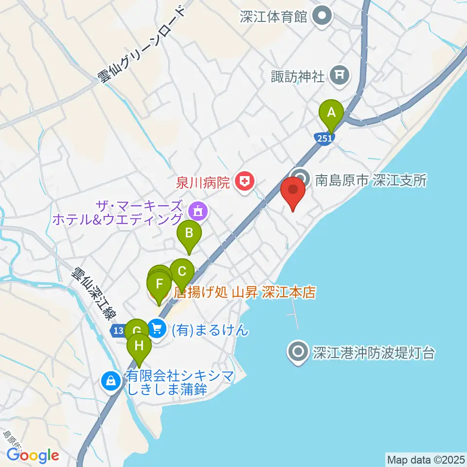 深江ふるさと伝承館周辺のファミレス・ファーストフード一覧地図
