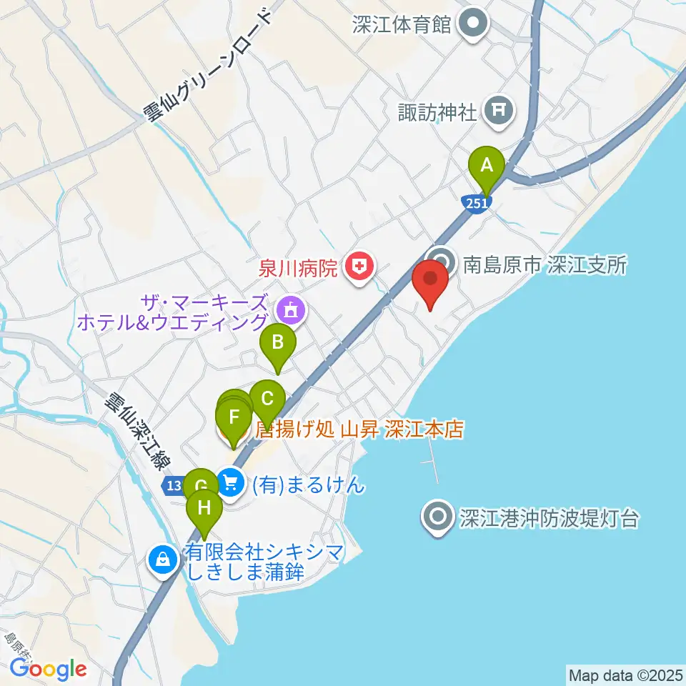 深江ふるさと伝承館周辺のファミレス・ファーストフード一覧地図