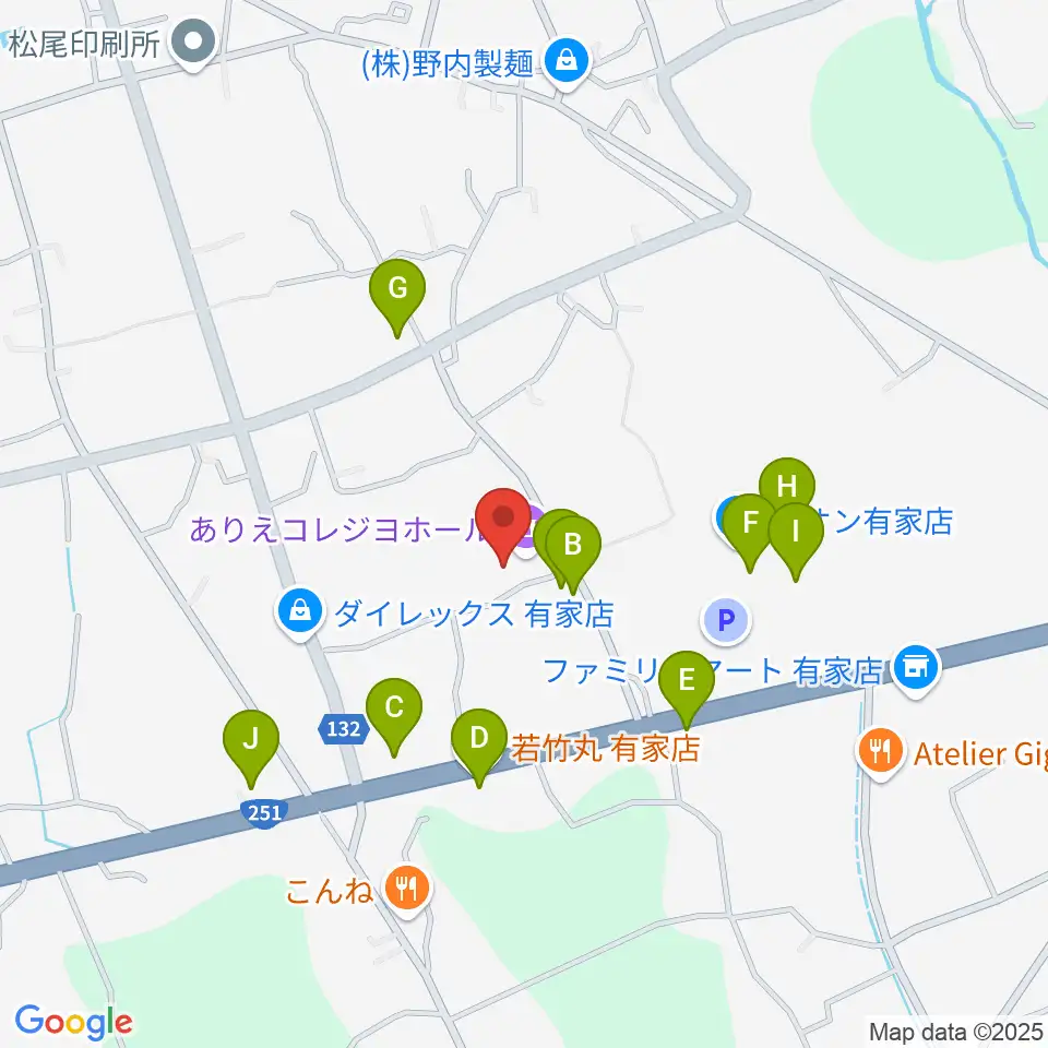 ありえコレジヨホール周辺のファミレス・ファーストフード一覧地図