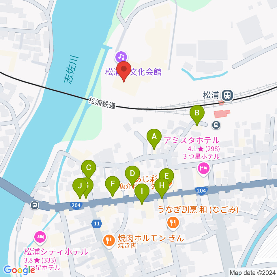 松浦市文化会館周辺のファミレス・ファーストフード一覧地図