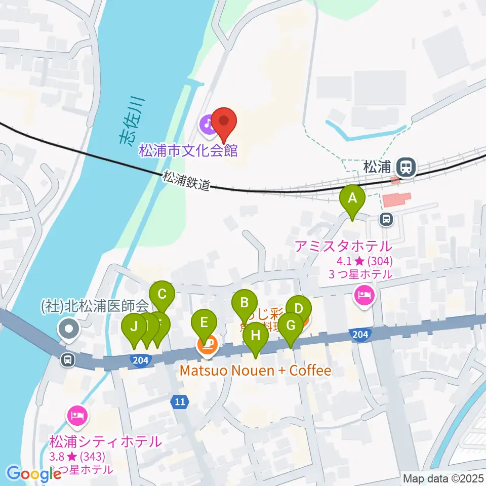 松浦市文化会館周辺のファミレス・ファーストフード一覧地図