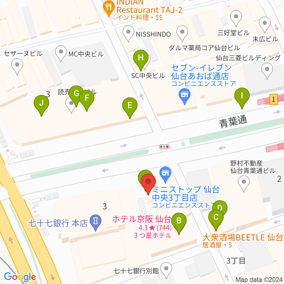 シアーミュージック仙台校周辺のファミレス・ファーストフード一覧地図